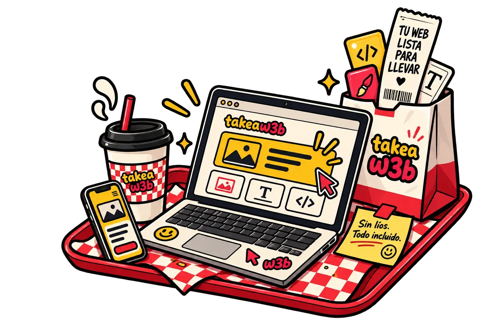 Ilustración de una web de takeaw3b lista para servir, estilo menú de comida rápida